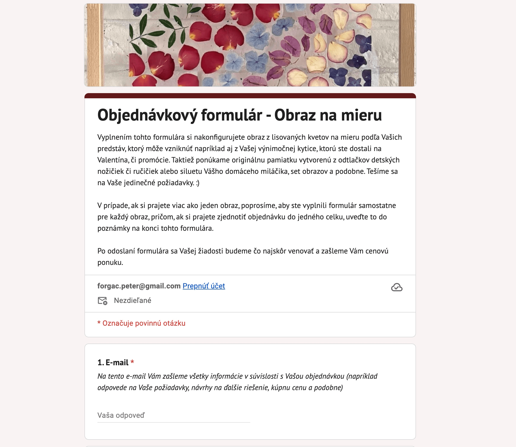 The old 22-question Google Form Blumenia used for order intake, artwork questions