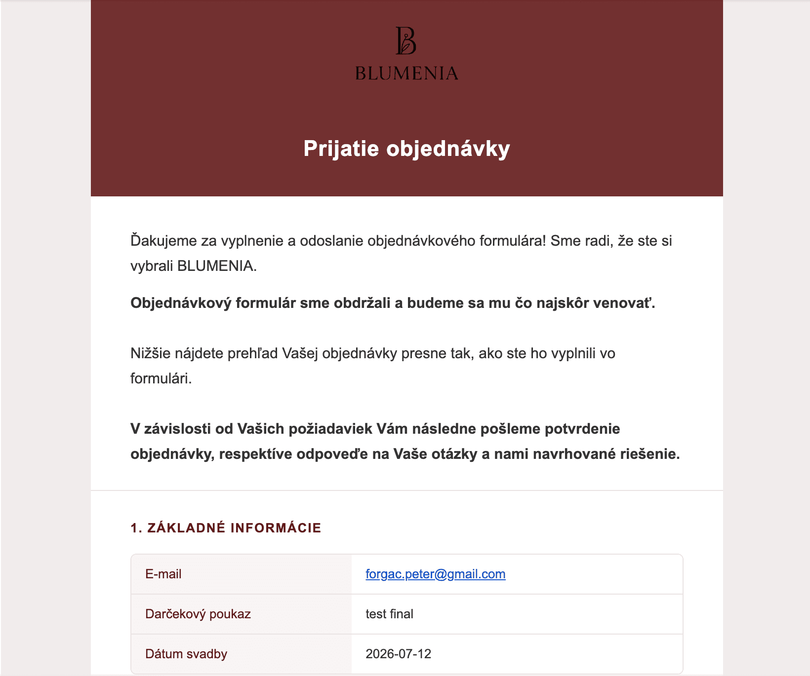 Order notification email generated from a Blumenia form submission