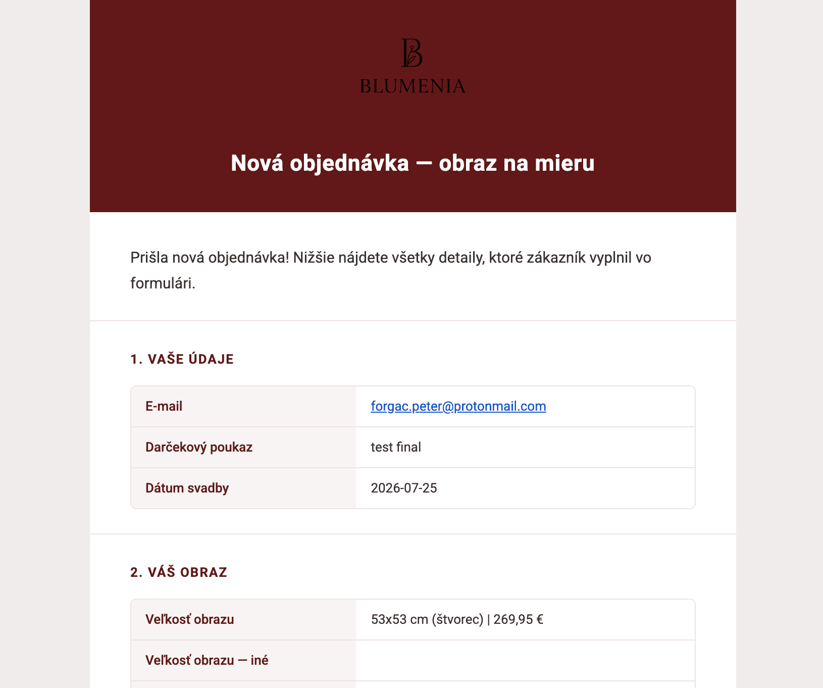 Order notification email generated from a Blumenia form submission, detail view